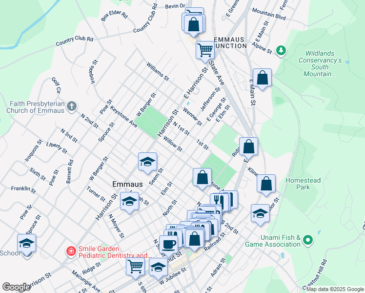 map of restaurants, bars, coffee shops, grocery stores, and more near 130 Seem Street in Emmaus