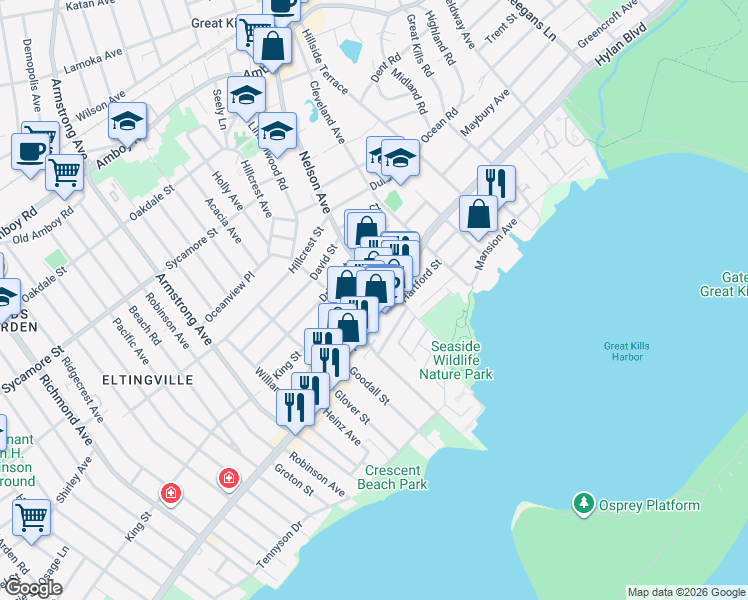 map of restaurants, bars, coffee shops, grocery stores, and more near 4015 Hylan Boulevard in Staten Island