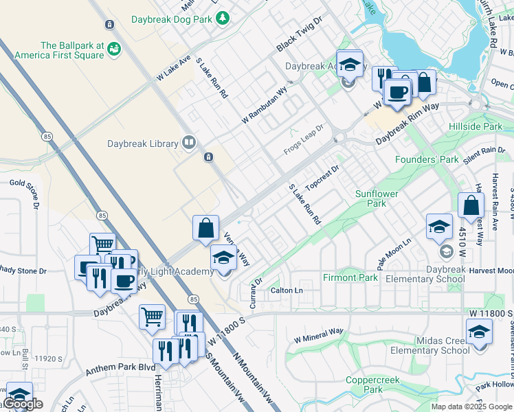 map of restaurants, bars, coffee shops, grocery stores, and more near 5069 West Daybreak Parkway in South Jordan