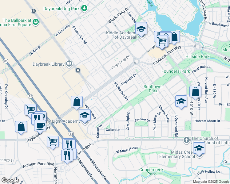 map of restaurants, bars, coffee shops, grocery stores, and more near 4961 Topcrest Drive in South Jordan