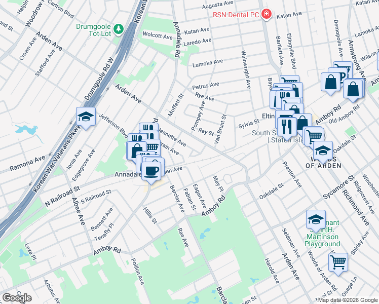 map of restaurants, bars, coffee shops, grocery stores, and more near 14 Lucy Loop in Staten Island