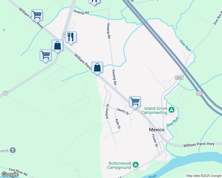 map of restaurants, bars, coffee shops, grocery stores, and more near 6266 William Penn Highway in Mifflintown