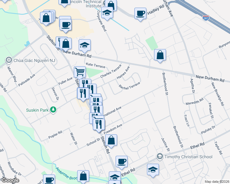 map of restaurants, bars, coffee shops, grocery stores, and more near 9 Rebecca Place in Piscataway