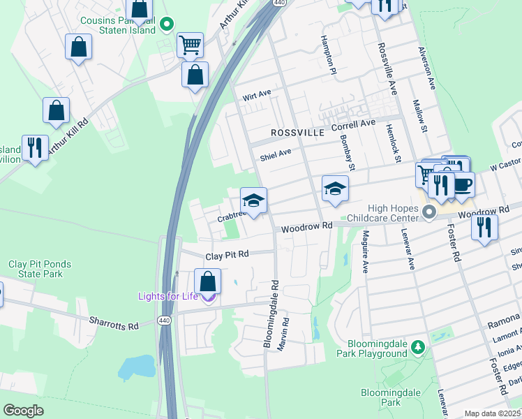 map of restaurants, bars, coffee shops, grocery stores, and more near 12 Crabtree Lane in Staten Island