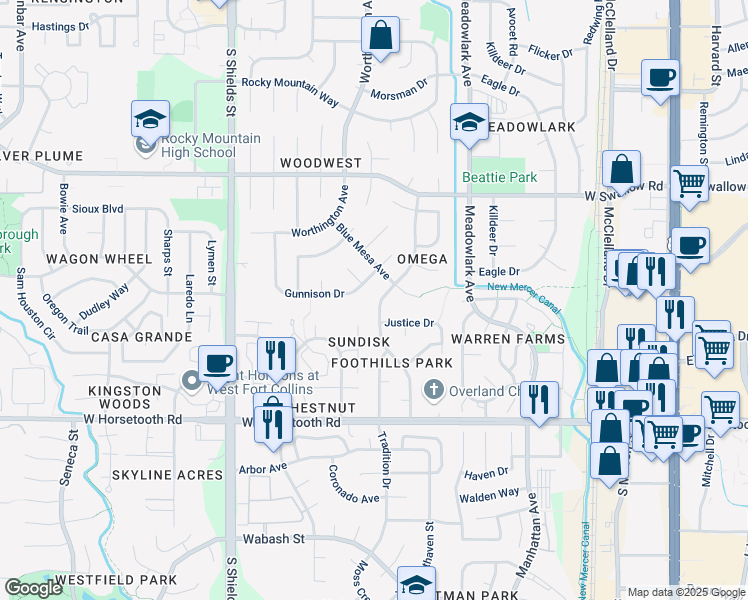 map of restaurants, bars, coffee shops, grocery stores, and more near 3319 Colony Drive in Fort Collins