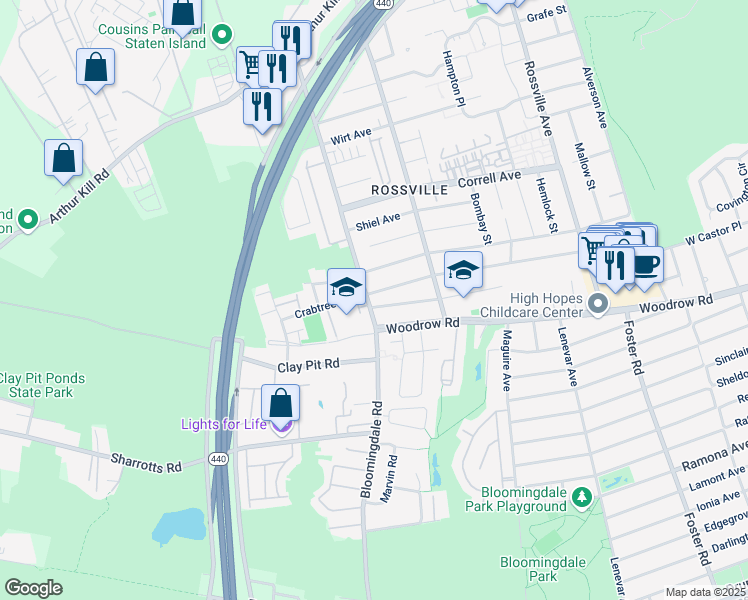 map of restaurants, bars, coffee shops, grocery stores, and more near 12 Crabtree Lane in Staten Island