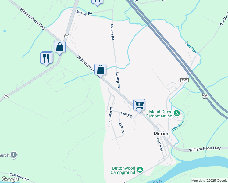 map of restaurants, bars, coffee shops, grocery stores, and more near 6266 William Penn Highway in Mifflintown