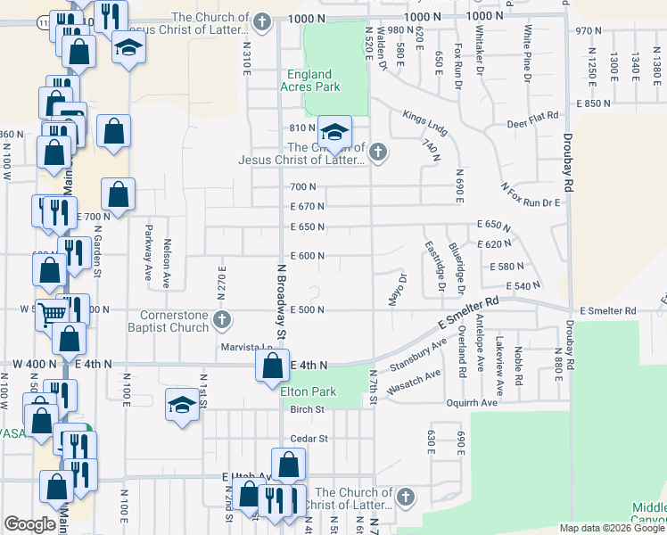 map of restaurants, bars, coffee shops, grocery stores, and more near 577 N 470 E in Tooele