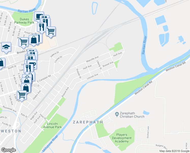 map of restaurants, bars, coffee shops, grocery stores, and more near 808 Lincoln Avenue in Manville