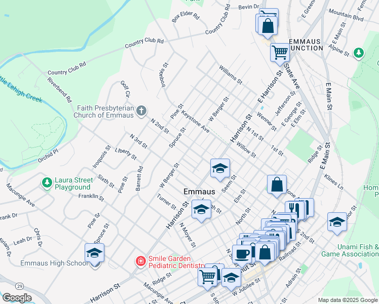 map of restaurants, bars, coffee shops, grocery stores, and more near 560 North 2nd Street in Emmaus