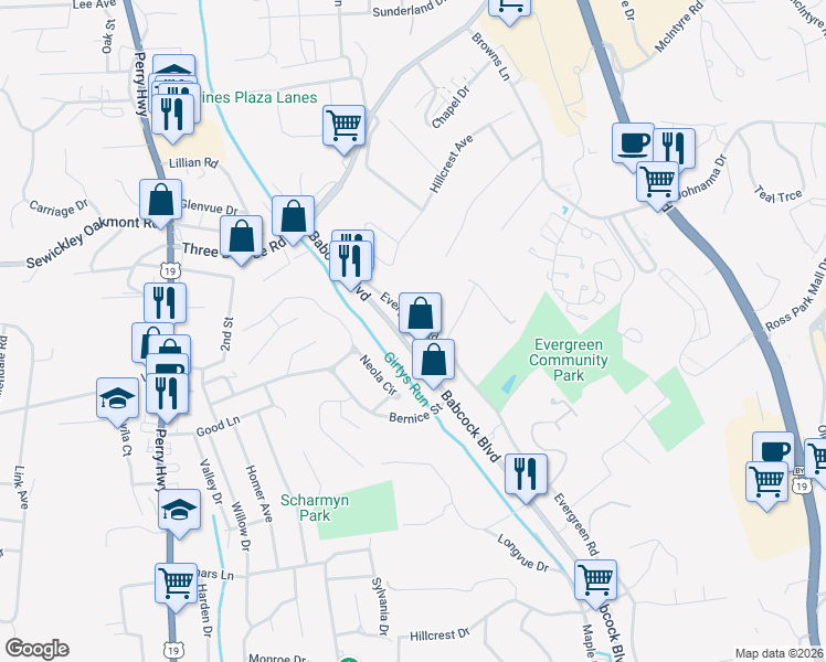 map of restaurants, bars, coffee shops, grocery stores, and more near 3467 Evergreen Road in Pittsburgh