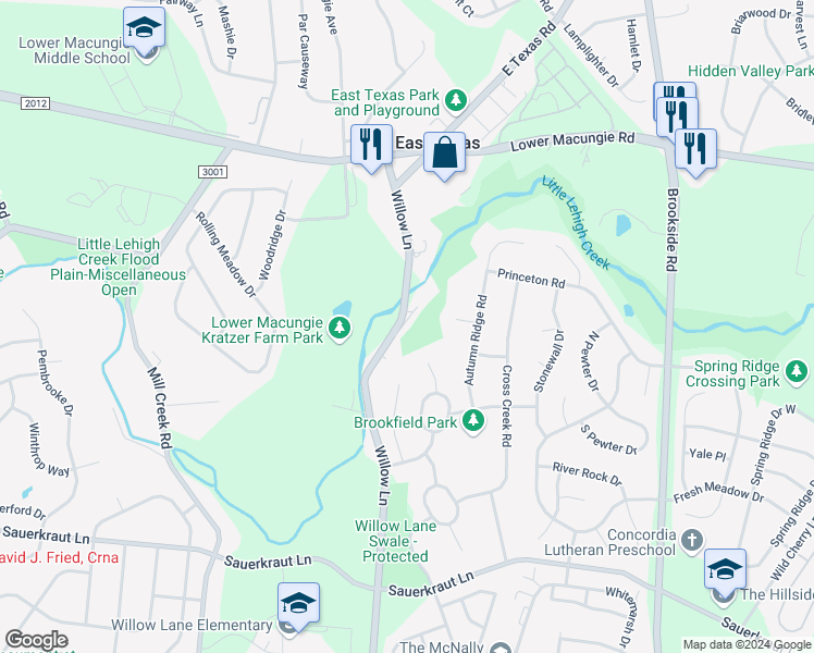 map of restaurants, bars, coffee shops, grocery stores, and more near 2061 Willow Lane in Macungie