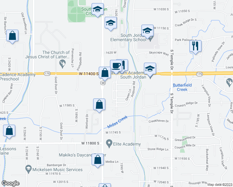 map of restaurants, bars, coffee shops, grocery stores, and more near 11504 South Old Cedar Drive in South Jordan