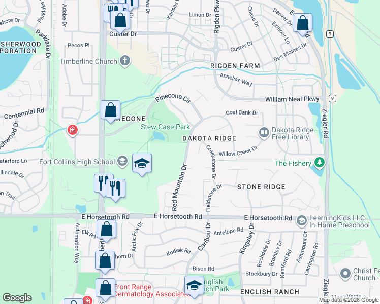 map of restaurants, bars, coffee shops, grocery stores, and more near 3307 Monarch Court in Fort Collins