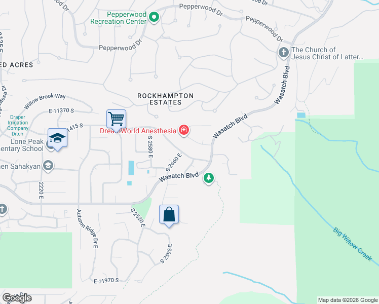 map of restaurants, bars, coffee shops, grocery stores, and more near 2729 Oak Grove Drive in Sandy