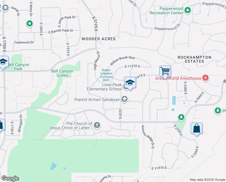 map of restaurants, bars, coffee shops, grocery stores, and more near 2202 High Mesa Drive in Sandy