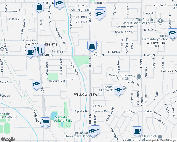 map of restaurants, bars, coffee shops, grocery stores, and more near 11516 Mach Schnell Drive in Sandy