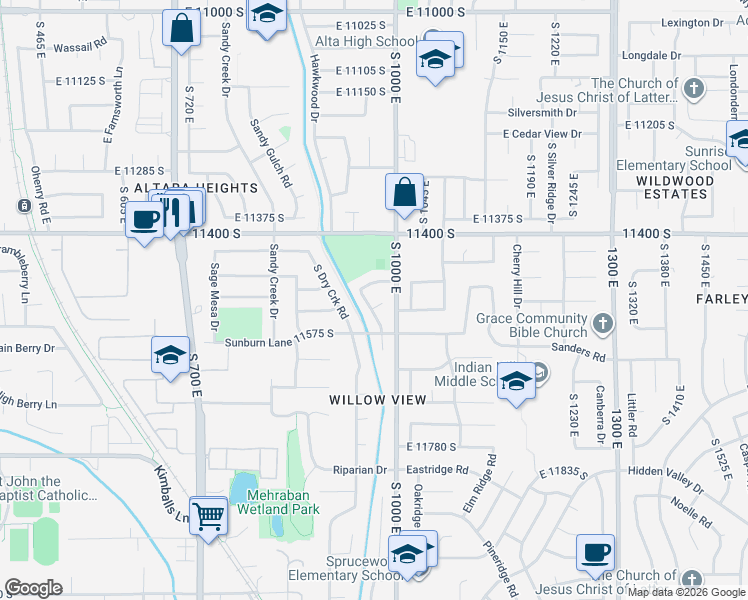 map of restaurants, bars, coffee shops, grocery stores, and more near 11518 Dry Gulch Road in Sandy