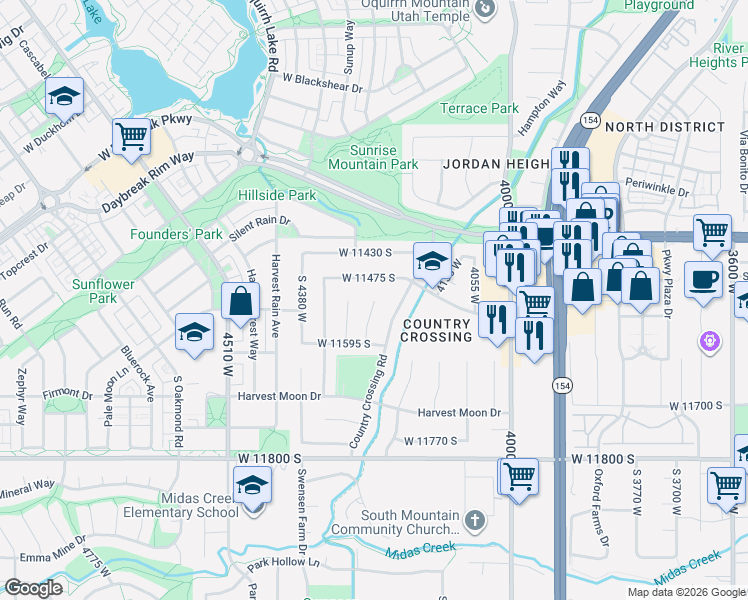 map of restaurants, bars, coffee shops, grocery stores, and more near 11518 Country Crossing Road in South Jordan