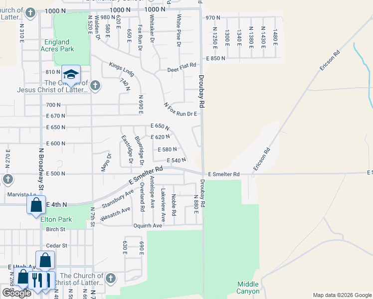 map of restaurants, bars, coffee shops, grocery stores, and more near 589 Janelle Cove Way in Tooele