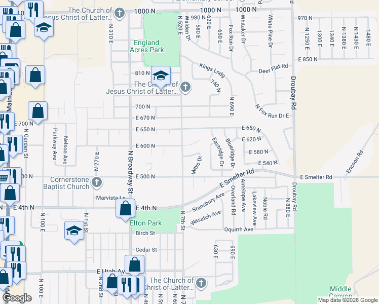map of restaurants, bars, coffee shops, grocery stores, and more near 569 East 560 North in Tooele