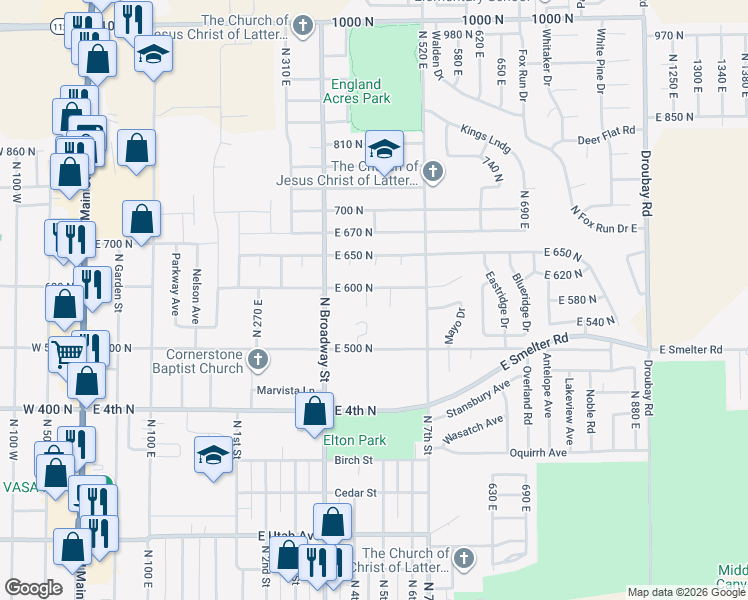 map of restaurants, bars, coffee shops, grocery stores, and more near 577 North 470 East in Tooele