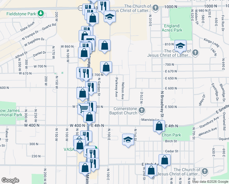 map of restaurants, bars, coffee shops, grocery stores, and more near 579 Parkway Avenue in Tooele