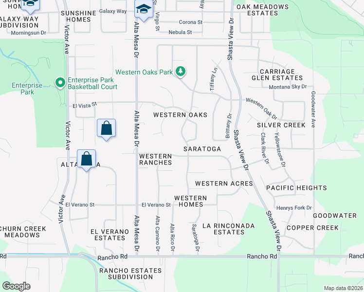 map of restaurants, bars, coffee shops, grocery stores, and more near 4414-4498 Saratoga Drive in Redding