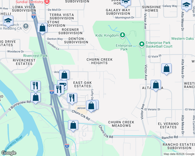 map of restaurants, bars, coffee shops, grocery stores, and more near 4560 Kayla Drive in Redding