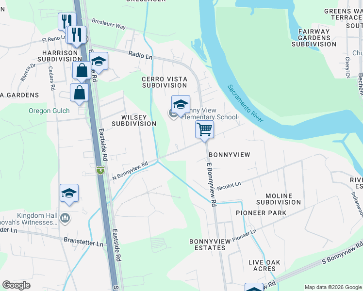 map of restaurants, bars, coffee shops, grocery stores, and more near 2636 North Bonnyview Road in Redding