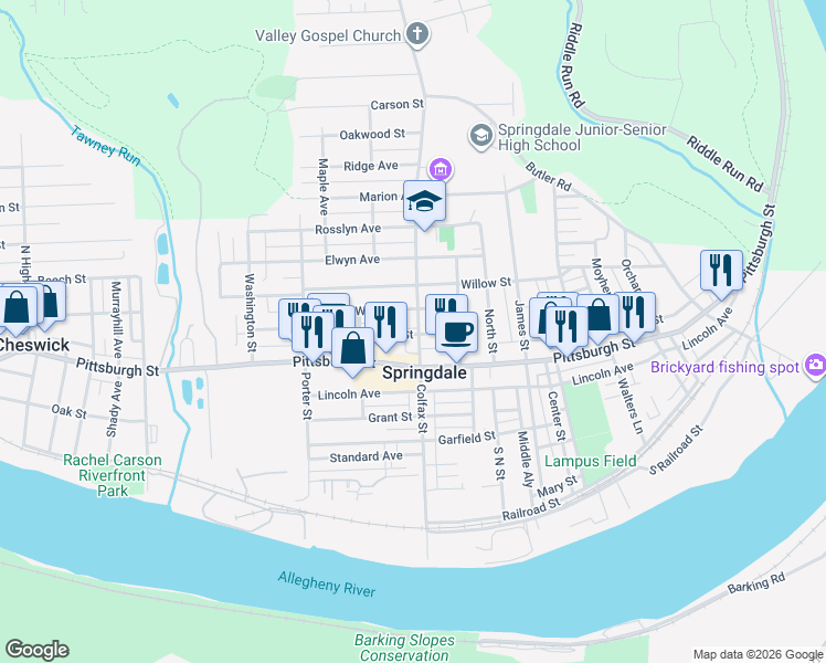 map of restaurants, bars, coffee shops, grocery stores, and more near 535 Chestnut Street in Springdale