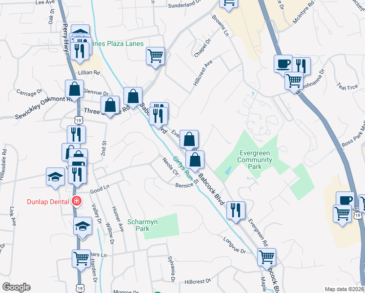 map of restaurants, bars, coffee shops, grocery stores, and more near 3467 Evergreen Road in Pittsburgh