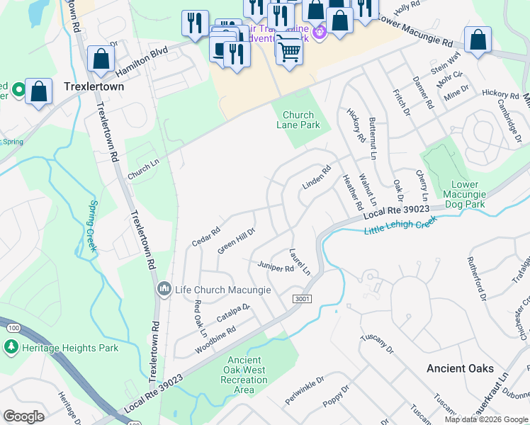 map of restaurants, bars, coffee shops, grocery stores, and more near 7243 Heather Road in Macungie