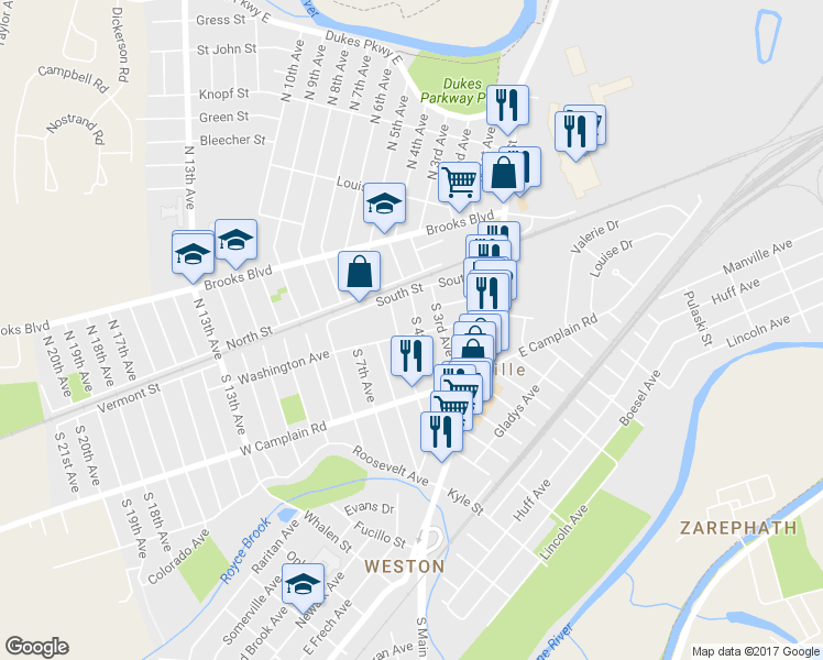 map of restaurants, bars, coffee shops, grocery stores, and more near 408 Washington Avenue in Manville
