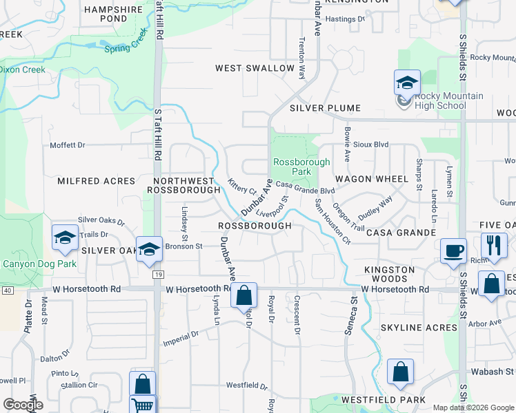 map of restaurants, bars, coffee shops, grocery stores, and more near 3354 Dunbar Avenue in Fort Collins