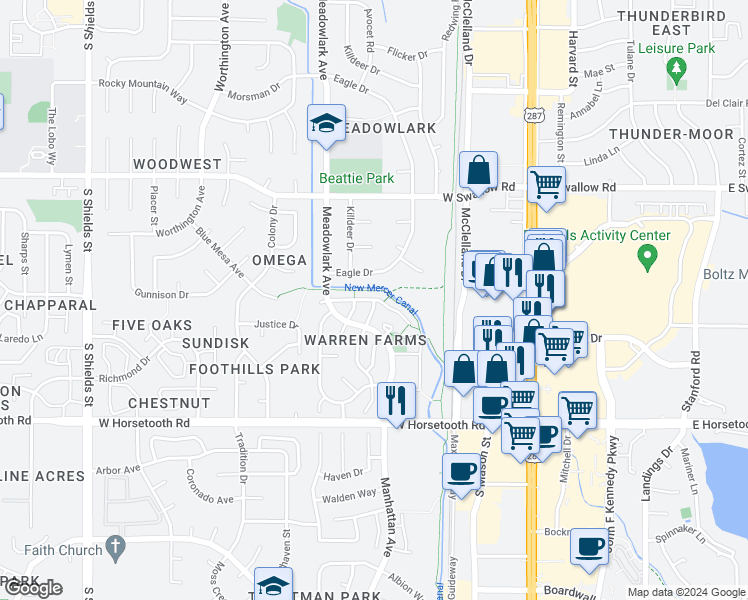 map of restaurants, bars, coffee shops, grocery stores, and more near 439 Plowman Court in Fort Collins
