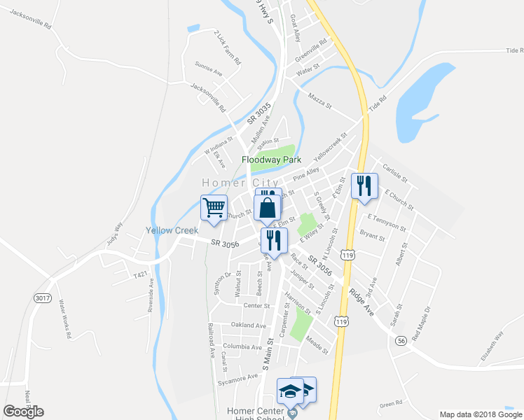 map of restaurants, bars, coffee shops, grocery stores, and more near 12 South Main Street in Homer City