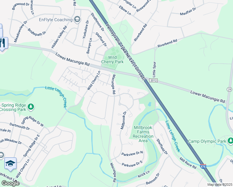 map of restaurants, bars, coffee shops, grocery stores, and more near 2518 Stanford Circle in Emmaus