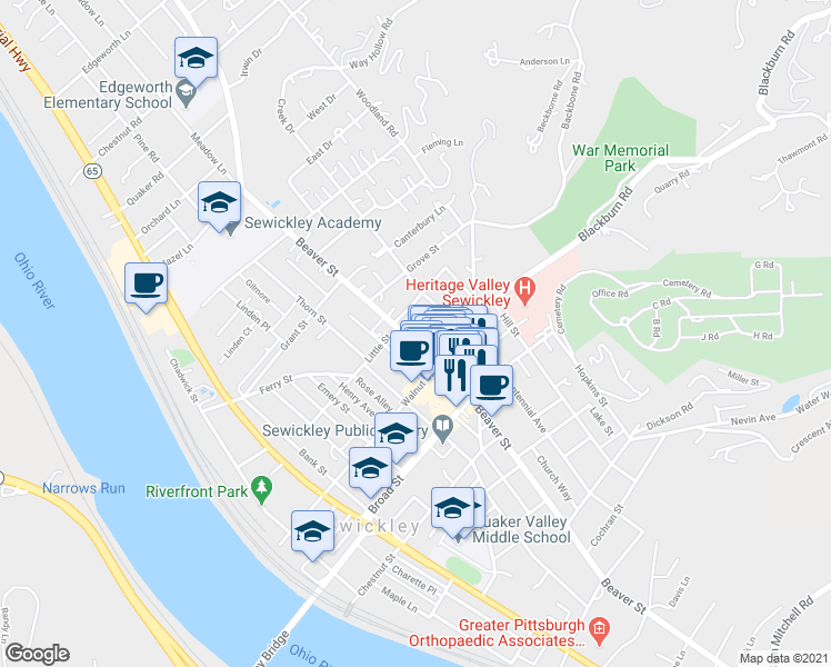 map of restaurants, bars, coffee shops, grocery stores, and more near 321 Beaver Street in Sewickley