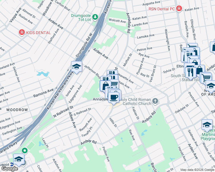 map of restaurants, bars, coffee shops, grocery stores, and more near 55 Jefferson Boulevard in Staten Island