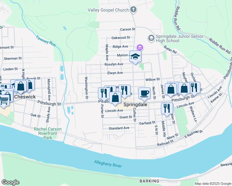 map of restaurants, bars, coffee shops, grocery stores, and more near 499 Chestnut Street in Springdale