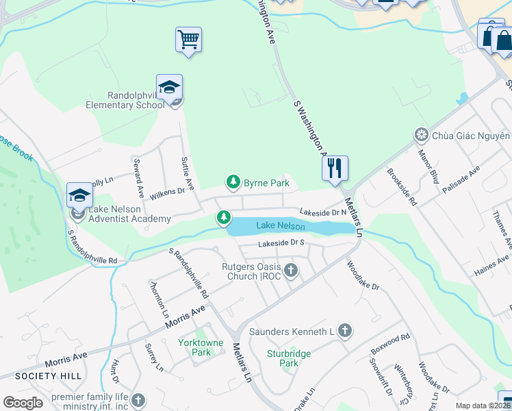 map of restaurants, bars, coffee shops, grocery stores, and more near 138 Lakeside Drive South in Piscataway