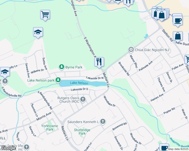 map of restaurants, bars, coffee shops, grocery stores, and more near 44 Lake Way in Piscataway