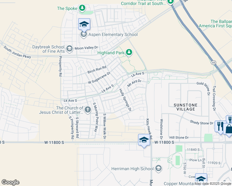 map of restaurants, bars, coffee shops, grocery stores, and more near 6173 Lake Avenue in South Jordan