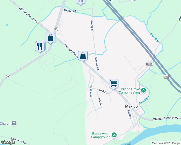 map of restaurants, bars, coffee shops, grocery stores, and more near 87 Mexico Heights Road in Mifflintown