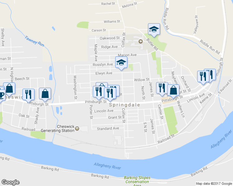 map of restaurants, bars, coffee shops, grocery stores, and more near 535 Chestnut Street in Springdale