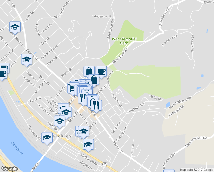 map of restaurants, bars, coffee shops, grocery stores, and more near 701 Broad St in Sewickley