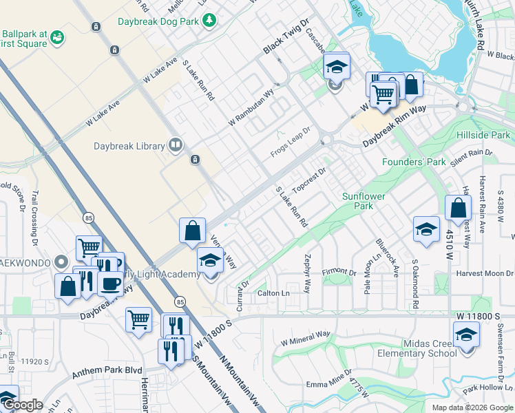map of restaurants, bars, coffee shops, grocery stores, and more near 5049 West Daybreak Parkway in South Jordan