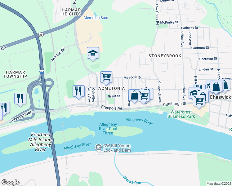 map of restaurants, bars, coffee shops, grocery stores, and more near 126 Jefferson Avenue in Cheswick