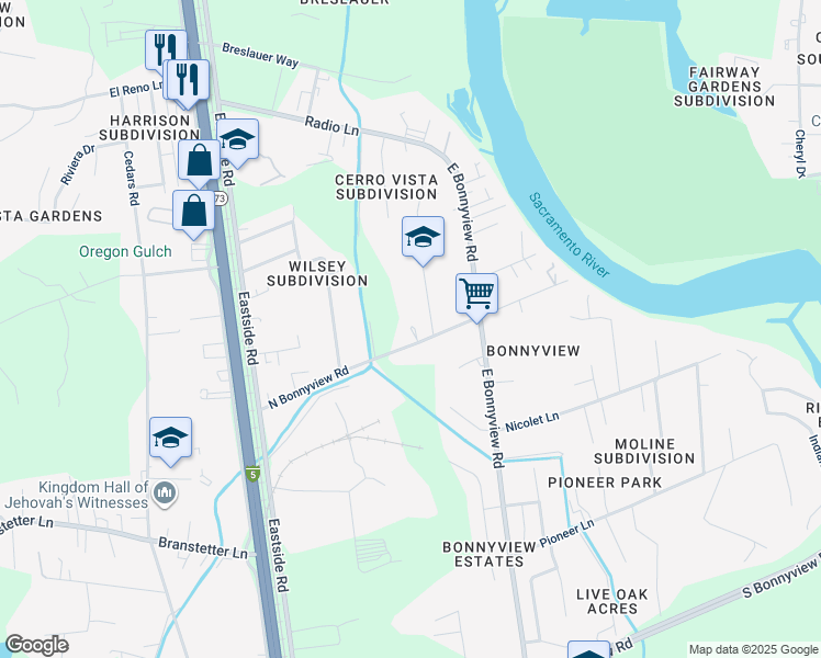 map of restaurants, bars, coffee shops, grocery stores, and more near 2630 North Bonnyview Road in Redding